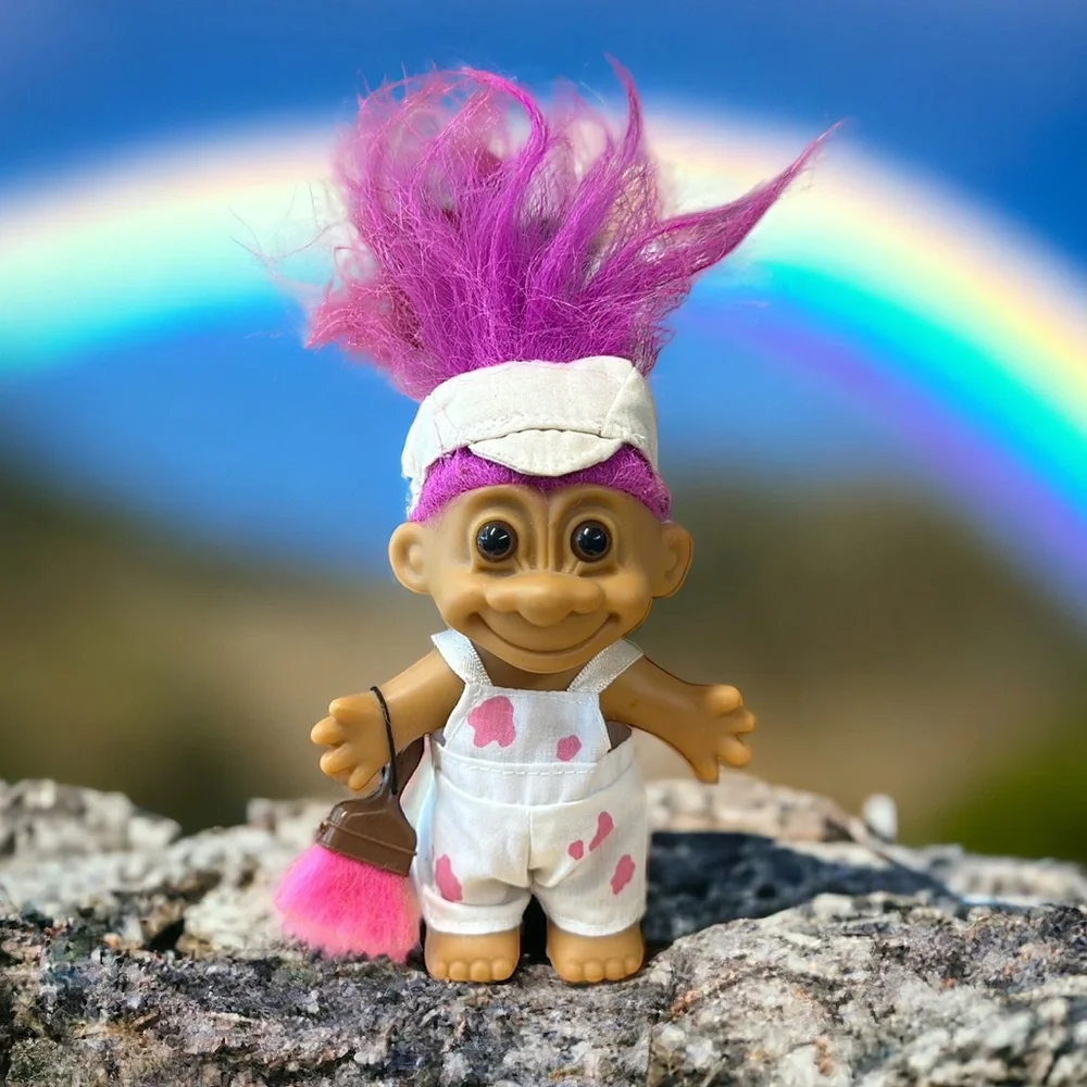 Vintage 90s Russ Berrie Painter Troll Doll Overalls Paint Splatter Pink Hair Hat